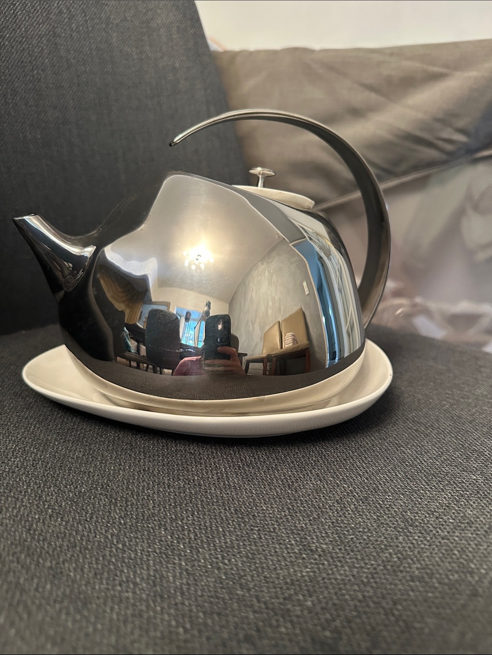 Georg Jensen Polished Stainless Steel Teapot with White Tray